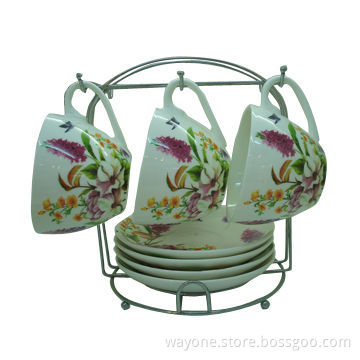 220cc Lavende Motif Tea Cup and Saucer Set with Metal Stand, Ideal for Gifts and Promotional Purpose